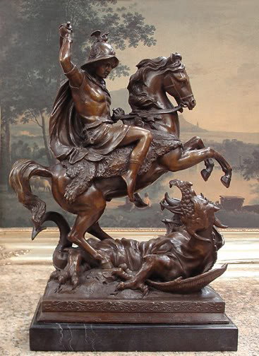 Majestic Bronze Sculpture Saint Michael Dragon Slay: Saint Michael Dragon Slayer on Horseback, Bronze Sculpture, 21"H x 13"W x 9"D 46 lbs This bronze sculpture was produced using the "Lost Wax" casting method. The"L