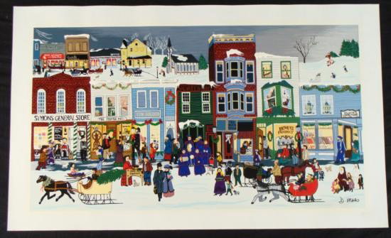 Deneille Spohn Moes Signed Canvas Print Christmas Dream: This canvas print is by artist Deneille Spohn Moes. This scene is of a quaint town preparing for Christmas. The town is covered in a quiet white snow, there are sleds carrying Christmas trees,