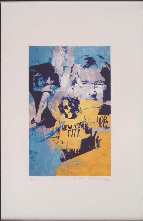 Bobby Hill Signed John Lennon New York Pop Art Print: John Lennon is shown in 3 famous album images in this Pop Art collage print. The artist also put his name into the artwork. Artist: Bobby Hill Title: John Lennon Signature: In pencil, lower right