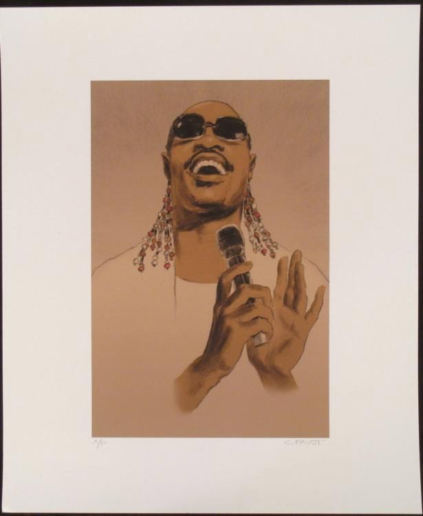 Clifford Faust Signed Stevie Wonder Motown Art Print: Stevie Wonder has always brought bright emotional projection from his music, and this artwork captures him on a high note. Artist: Clifford Faust Title: Stevie Wonder Signature: In pencil, &qu
