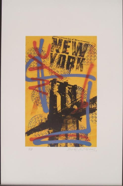 Bobby Hill New York City Signed Urban Pop Art Print: New York City is portrayed in this abstract image, in streaks of bright primary colors like graffiti, and the patterns of sewer covers giving a raw feeling of the street. Artist: Bobby Hill Ti
