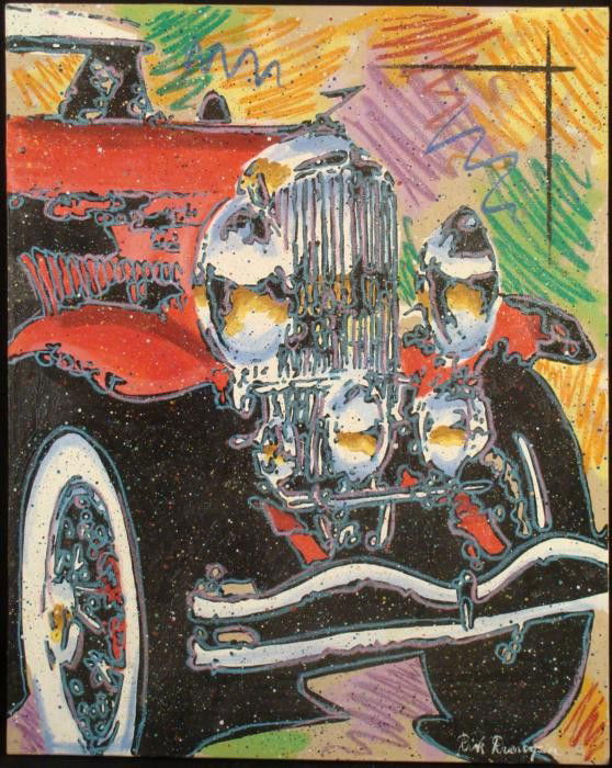Duerrstein Original Painting Pop Art Antique Car: Here's an original painting of the front of an antique car, done up in a Pop Art style. Artist Dick Duerrstein combines a neon realistic style to the car with a background of bright zigzag lines&#