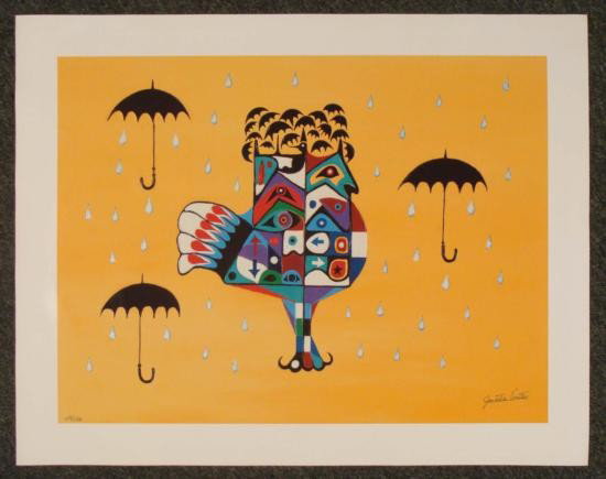 Jonathan Winters Comedian Signed Art Print - Rain Bird: This is a mixed media print on canvas by beloved comedian and artist Jonathan Winters. This is his rendition of the mythical Native American creature called the Indian Rain Bird. It is adorned with br