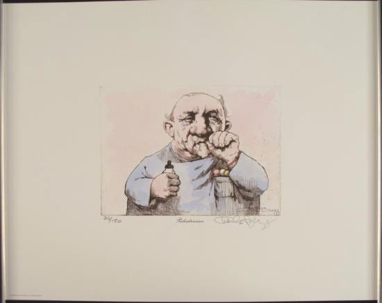 Charles Bragg Signed Hand Colored Etching Pediatrician: A pediatrician is sometimes called a "baby doctor," and the one in this etching by Charles Bragg looks rather like a big baby. He has lollipops in his pocket, holds a bottle, and