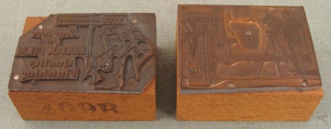 2 Kodak Camera Film Studio Ad Copper Print Blocks 1920s: These two copper printers blocks were made for print advertisements for Kodak film. One has the line "Stop here for Kodak Film Quality Finishing," and it shows a man who appears to be di