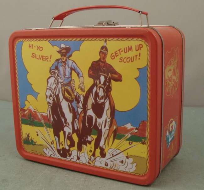 Lone Ranger Metal Lunchbox G Whiz 1995: The Lone Ranger lunches again, on this great vintage looking lunchbox! This lunchbox is metal with plastic handle and colorful images, including Tonto. It measures 8 x 7 x 4 inches. It was mad