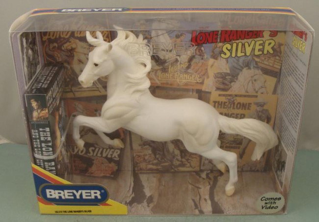 Lone Rangers Silver Horse from Breyer w/ Video MIB: The Lone Ranger wouldn't get very far without his faithful horse Silver, and Breyer has recreated him in this wonderfully detailed figure. The horse is white molded plastic, and stands about 1