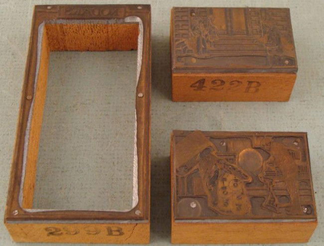3 Kodak Ad Copper Print Blocks Photographers 1920s: These three copper printers blocks were made for print advertisements for Kodak cameras. First there is a frame with the name Kodaks at the top. There were probably more than one separate block with i