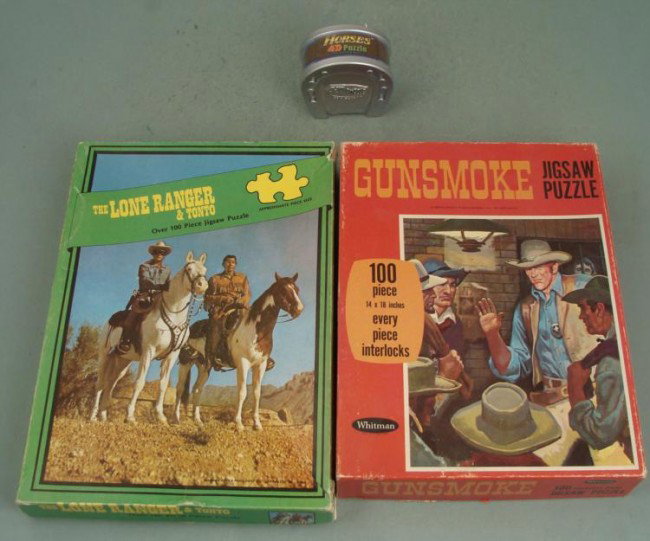 3 Western Puzzles Vintage Lone Ranger Gunsmoke: Here are 3 puzzles for fans of the Wild West. There is a Lone Ranger & Tonto puzzle, from Warren. There is a Gunsmoke puzzle from Whitman. They are in good to very good condition, however 