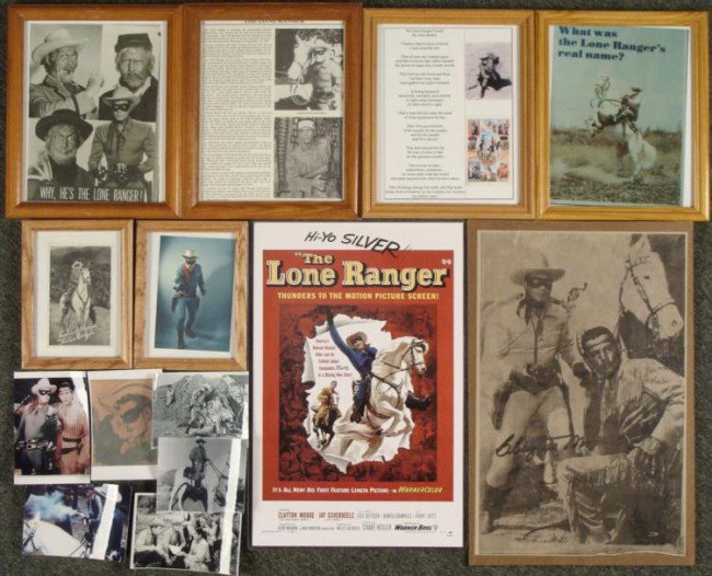 Lone Ranger Framed Picture & Photo Collection + Poster: This is a nice collection of Lone Ranger images. Six are framed in wood frames. Two 8 x 6 frames feature an old postcard (some aging), and a 4 x 6 photo. The other 9 x 11 frames have a variety. Th