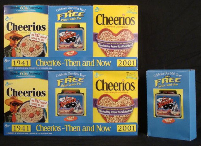 Lone Ranger Cheerios Anniversary 2 Sets, 3 Lunchboxes: Cheerios celebrated their 60th Anniversary with the Lone Ranger by producing a 1941 retro cereal box set, including a lunchbox. Available here are 2 complete sets, each with then and now cerea