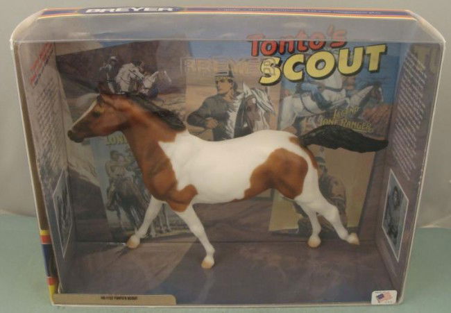 Lone Rangers Tontos Horse Scout from Breyer MIB: The Lone Ranger's horse Silver is famous, but Tonto's horse Scout was just as important, and Breyer has recreated him in this handsome figure. The horse is white and brown molded plastic,