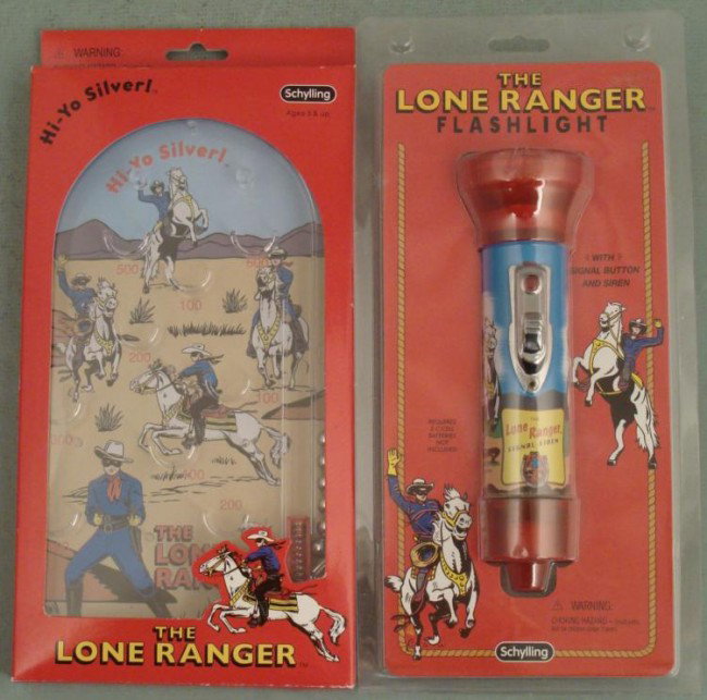 2 Lone Ranger Toys Schylling -Pinball Game Flashlight: Here are 2 Lone Ranger Toys from the Schylling company, both in Mint condition in the original packaging. One is 5" x 10" pinball game, with printed tin backing. The other is a 7&quo