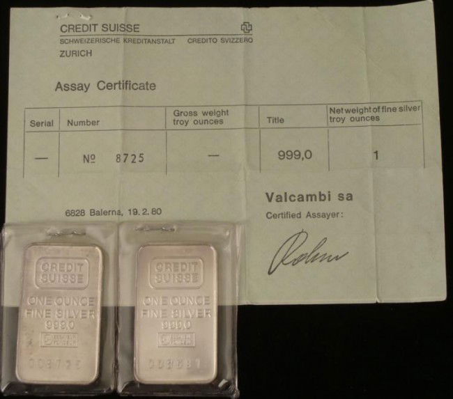 2 Credit Suisse 1 Oz Silver Bars w/Orig Wrap, Receipt: 2 Credit Suisse 1 Oz Silver Bars, with low numbers Includes: Original wrappers and receipt For International shipping please request a SHIPPING QUOTE Shipping and handling for this item is $6.95 p