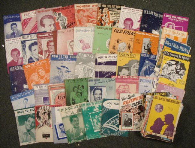 150 Pc Lot Vintage Sheet Music 1920s-1940s: Here are around 150 pieces of sheet music, ranging from the 1920's to the 1940's. There are many different songs, from jazzy to popular and traditional. They range from fair to good condition&