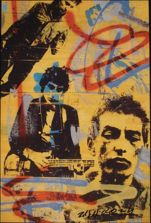 Bobby Hill Bob Dylan Signed Pop Art Print: This is a Pop Art image of the legendary Bob Dylan, with photo images from his early days collaged onto a vivid background. It has streaks of bright primary colors, and an urban feel. Artist: