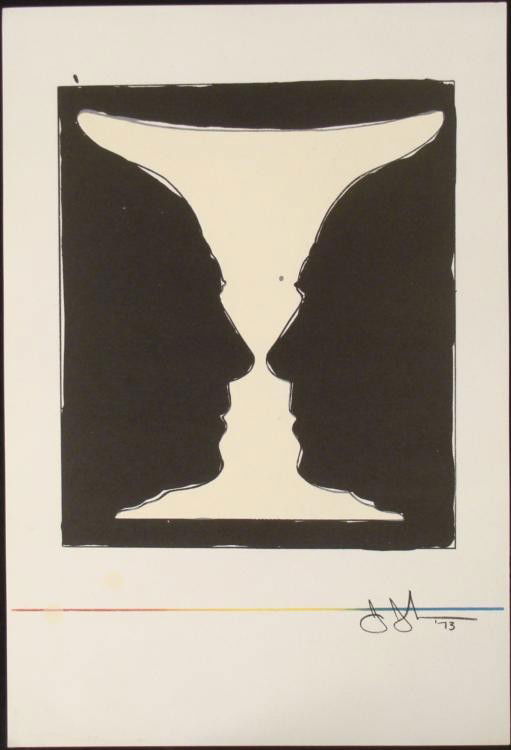 Jasper Johns Art Print Cup 2 Picasso, 1973: This a rendition of the famous vase and faces image, that plays with positive and negative space, and plays a trick on the eye. The trick here also is that the faces are of Picasso. Artist: Ja