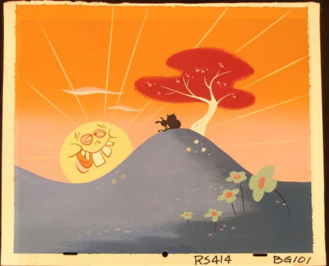 Original Background Ren and Stimpy Wacky Sunset Art: This is an original hand-painted background is from the Nickelodeon TV show Ren & Stimpy. The show follows two characters - Ren, a crazy Chihuahua - and - Stimpy, an incredibly s