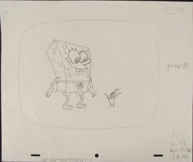 Original Art Drawing A Consensus Spongebob Production: This original animation art pencil drawing was done for SpongeBob Squarepants. The notations are: Pose A, 11F(1W) ¢ . For once, it looks like Spongebob and Plankton are o