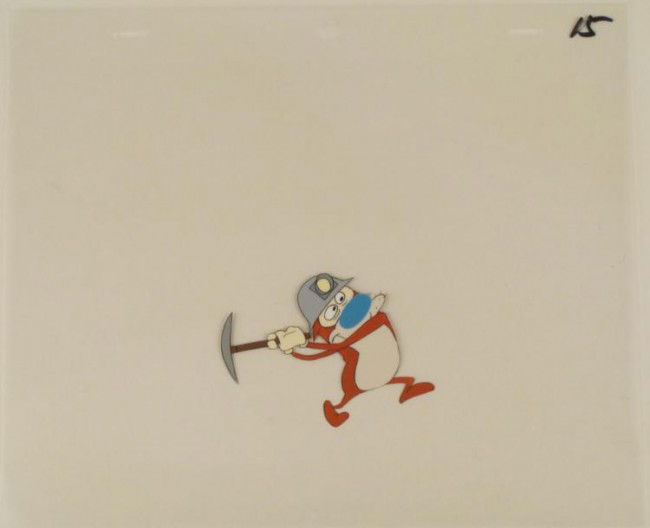 Mining Ren And Stimpy Original Animation Art Cel Pick: This is an original production animation cel from the Nickelodeon TV show Ren & Stimpy. The show follows two characters - Ren, a crazy Chihuahua - and - Stimpy, an incredibl
