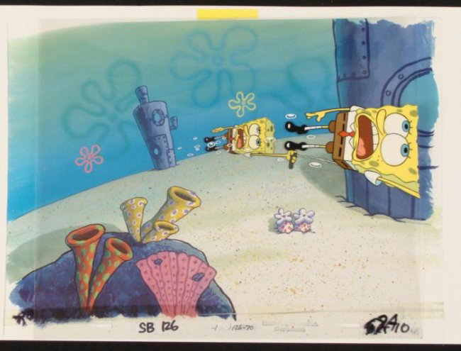 Holding On SpongeBob Cel Original Production Background: This animation cel and reproduction background are from the Nickelodeon TV show SpongeBob Squarepants. The story takes place under the deep blue sea in Bikini Bottom, where Sp