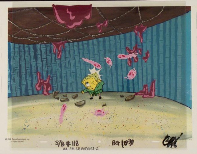 Stung SpongeBob Fish Original Cel Background Animation: This animation cel and reproduction background are from the Nickelodeon TV show SpongeBob Squarepants. The story takes place under the deep blue sea in Bikini Bottom, where Sp