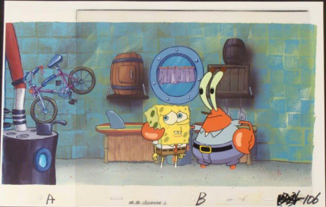 Background Krabs Hold SpongeBob Orig Animation Cel Art: This animation cel and reproduction background are from the Nickelodeon TV show SpongeBob Squarepants. The story takes place under the deep blue sea in Bikini Bottom, where Sp