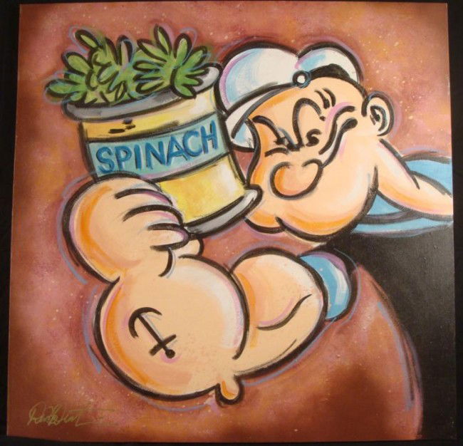 Popeye the Sailor Original Painting Duerrstein Cartoon: Here's Popeye is flashing off his drug of choice--spinach! This original painting captures the iconic sailor in a Pop Art style, with splashes of bright colors, and comic book inspired do
