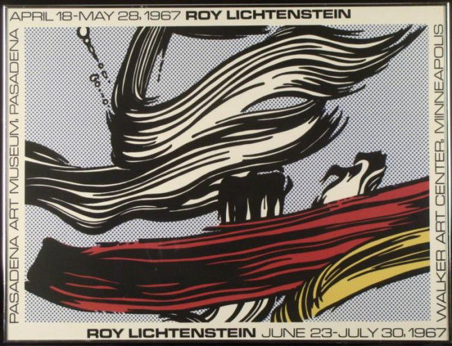 Roy Lichtenstein 1967 Exhibition Poster Print Framed: This dynamic print was done to advertise a 1967 Lichtenstein exhibition which took place at the Pasadena Art Museum, and the Walker Art Center. Artist: Roy Lichtenstein Framing: In brushed silver