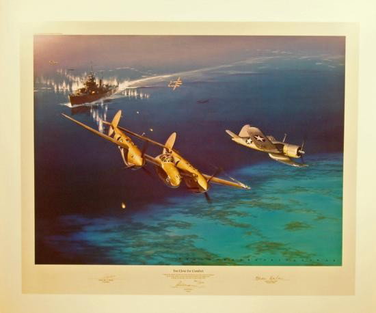 Aviation Art Too Close for Comfort Fellows P-38 Corsair: Taking a "target of Opportunity" after a raid on a Japanese floatplane base in the Shortland Islands, five P-38's and a lone F4U attack an enemy vessel. Originaly intended to be combined