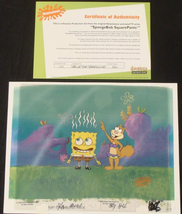Background Burning Up Original Cel Spongebob Production: This animation cel and reproduction background are from the Nickelodeon TV show SpongeBob Squarepants. The story takes place under the deep blue sea in Bikini Bottom, where Sp