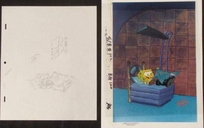 Spongebob Background Original Animation Drawing Cel Art: This animation cel and reproduction background are from the Nickelodeon TV show SpongeBob Squarepants. The story takes place under the deep blue sea in Bikini Bottom, where Sp