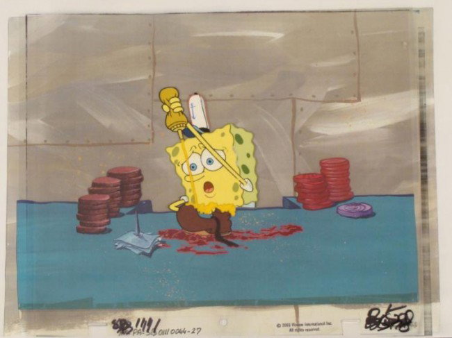 Background Spongebob Questioning Original Cel Animation: This animation cel and reproduction background are from the Nickelodeon TV show SpongeBob Squarepants. The story takes place under the deep blue sea in Bikini Bottom, where Sp