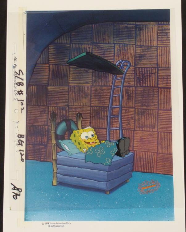 Spongebob Original Cel Bedtime Background Production: This animation cel and reproduction background are from the Nickelodeon TV show SpongeBob Squarepants. The story takes place under the deep blue sea in Bikini Bottom, where Sp
