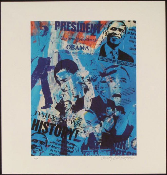 Bobby Hill Signed Barrack Obama Urban Pop Art Print: President Barrack Obama is is portrayed as a Pop Art icon in this collage image full of history making headlines and patriotic colors. Artist: Bobby Hill Title: Obama Signature: In pencil, lower r