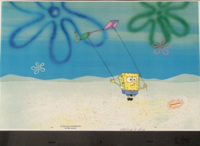 What Am I Doing Art Original Animation Cel Spongebob: This animation cel and reproduction background are from the Nickelodeon TV show SpongeBob Squarepants. The story takes place under the deep blue sea in Bikini Bottom, where Sp