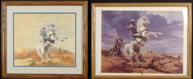 2 Framed Lone Ranger & Tonto Art, Print, & Poster: Here are two nice framed Lone Ranger art pieces. One features the Lone Ranger on Silver, done in a folk art style, and the artist appears to be K. Hasso. The image is 14" x 16". It i