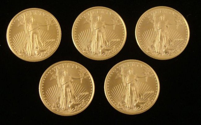 5 Gem UNC 2000 American Eagle $5 Gold Coins 1/10 Oz: (5) 2000 Five Dollar US Gold Eagle Coins Weight: 1/10 ounce Content: .999 Fine Gold Size: 16.5mm in diameter Grade: Gem Uncirculated For International shipping please request a SHIPPING QUOTE Shipping