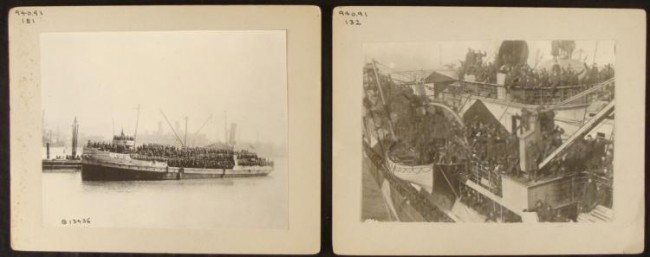 2 Orig WWI Photos Returning US Troops on Mauretania: These two original antique photographs show U.S. troops returning home after the end of WWI. The ship is the Mauretania, which was a British ocean liner on the Cunard line, but it was also use