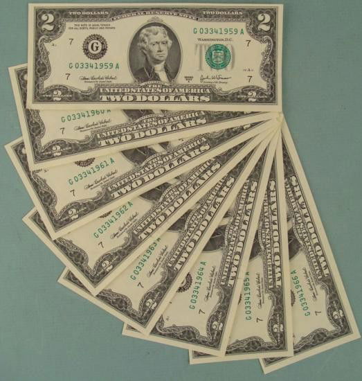 8 Consec # CU 2003 A $2 Bills Notes G Mint Chicago: (8) 2003-A $2 bills Serial numbers: Consecutive Mint mark: G (Chicago) Grade: Crisp Uncirculated *Bills will look different from those in the photo For International shipping please request a SHIPPING
