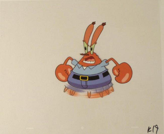 Original What Does This Do Cel Production Spongebob Art: This original animation cel is from the Nickelodeon TV show SpongeBob Squarepants. The story takes place under the deep blue sea in Bikini Bottom, where SpongeBob resides