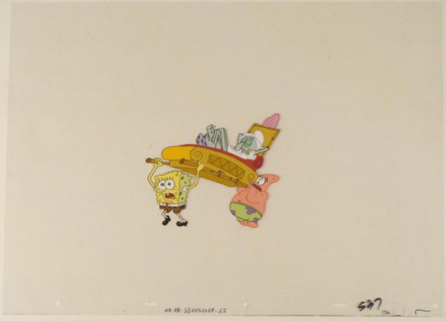 Animation Spongebob Art Too Heavy Cel Original: This original animation cel is from the Nickelodeon TV show SpongeBob Squarepants. The story takes place under the deep blue sea in Bikini Bottom, where SpongeBob resides