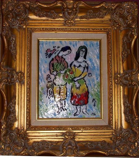 Lovers by Max Karp signed Chagall Enamel on Copper Rare: American Artist Max Karp is one of the few contemporary painters to use enamel for his artistic work. He is internationally acclaimed as the father of modern enameling. His place in art history is ass