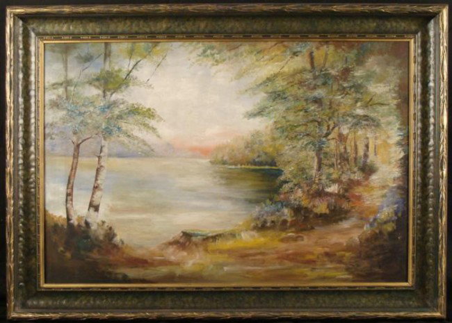 Original Vintage Oil Painting Lake Landscape Framed: This original painting is of a tranquil lake, with birch tree on the left, and forest pathway off to the right. Tred of the sunset adds to the peacefulness of the scene. Medium: Paint on canva