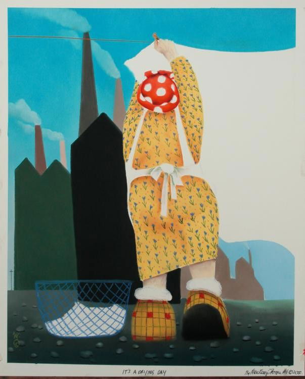 Mackenzie Thorpe 'IT'S A DRYING DAY' Lithograph: Artist: Mackenzie Thorpe Title: It's a Drying Day Medium: Lithograph on Paper Orientation: vertical Image Size: 14.5 x 16 inches Paper Size: 19.35 x 23.5 inches Edition Size: 200 : Signed by the artis