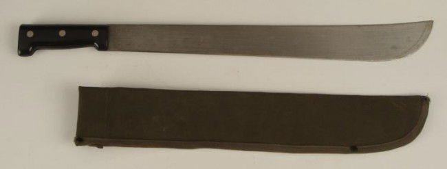 WWII US PACIFIC THEATRE MACHETE W/CANVAS SHEATH ENGLAND: WWII US PACIFIC THEATRE MACHETE W/CANVAS SHEATH-MARKED "WAYLETT-MADE IN SHEFFIELD ENGLAND" - GREAT LOOKING WWII ERA PACIFIC THEATRE JUNGLE MACHETE-BLACK GRIPS WITH TRIPLE RIVET ATTACHMENT-MA
