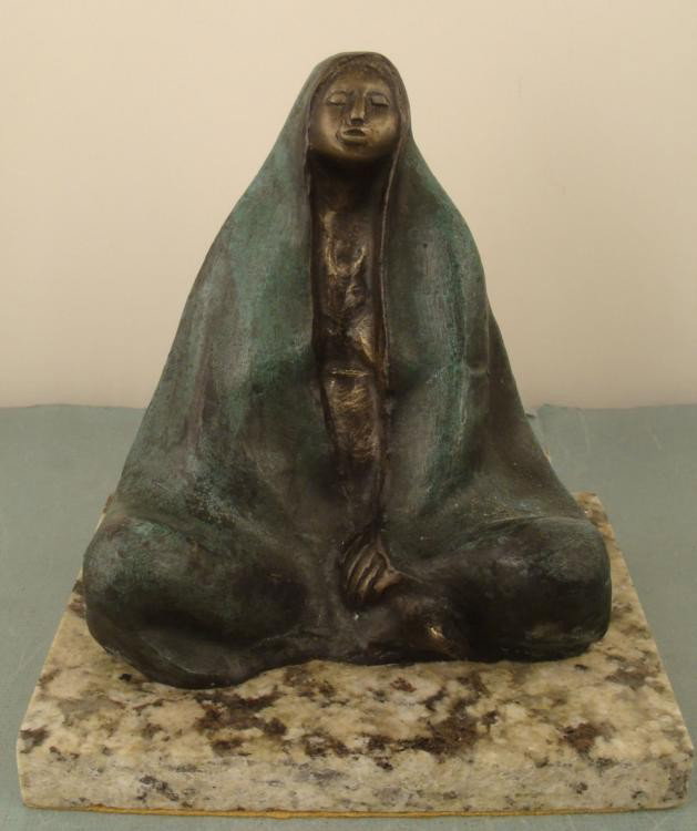 Francisco Zuniga Bronze Latin American Sculpture Woman: This bronze sculpture is in the form of a woman, deep in thought, sensual yet innocent. The green tone of the bronze covers the clothing that drapes over most of her seated form. Artist: Francisco Zun