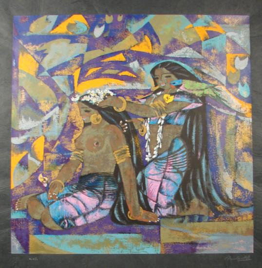 Zhou Ling COLOR MY WORLD Yunnan School Rice Art Print: This colorful and interesting print is very representative of the entire body of work of its popular and accomplished Yunnan School artist, Zhou Ling: Title: "Color My World" Limited edition serigraph