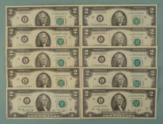 10 1976 $2 Dollar Bills Notes Mint Mark L San Francisco: 10) 1976 $2 bills Mint: L (San Francisco) All of the notes are in good condition with no rips, holes, or tears Bills you receive may be different from those shown