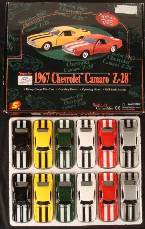Full Box Set 1976 Camaro Z-28 Diecast Superior Chevy: This is a full box set of twelve 1967 Camaro Z-28's, from the Superior Chevrolet collection. These 1:34 scale diecast cars come in black, yellow, green, white, red, gray, all